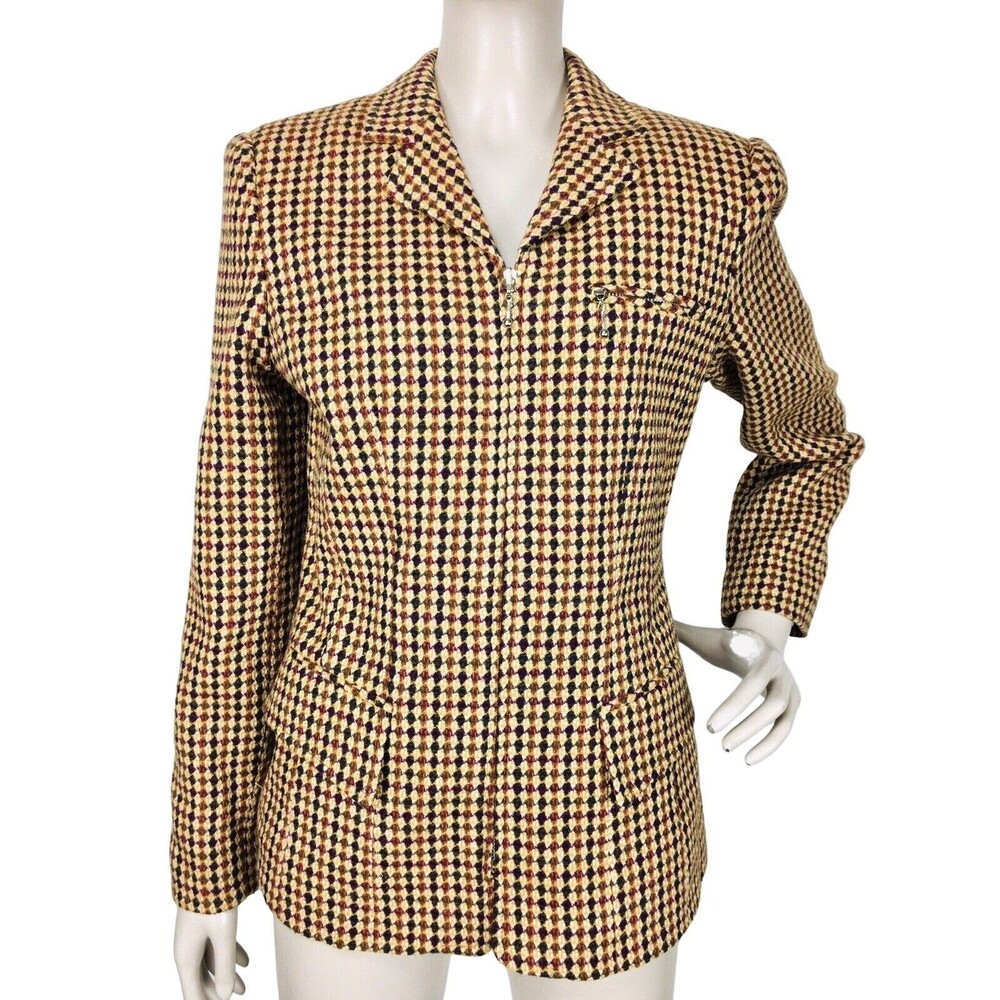Vintage 90s Equestrian Tweed Wool-Blend Houndstooth Zip-Up Blazer Jacket